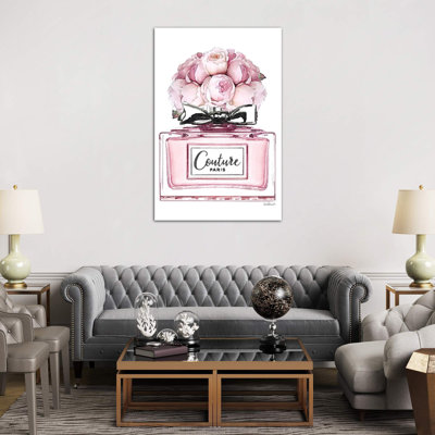 Short Perfume, Pink With Roses - Wrapped Canvas Print
