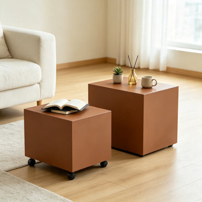 2-Piece Rectangular Nested Coffee Table with Casters, MDF Saddle Leather Mobile Side Table, Modern Brown Accent Table for Living Room
