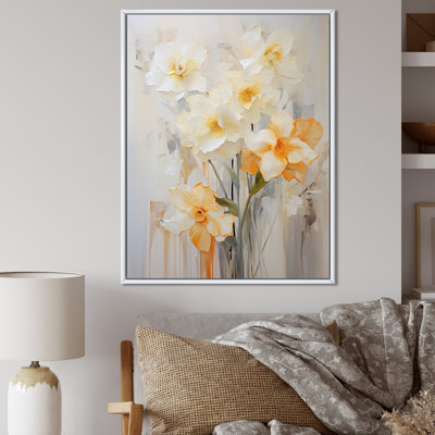 Minimalisme, fleurs de jonquilles blanches et orange I sur toile