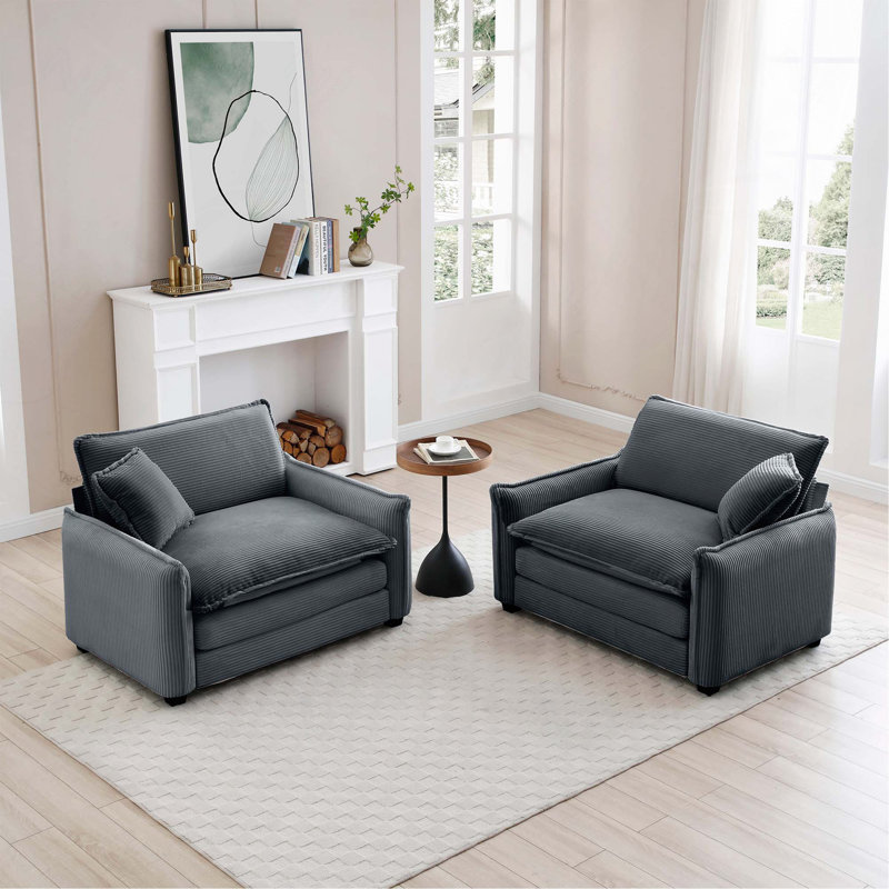 Ensemble de canapé sophistiqué en velours côtelé à assise profonde avec deux fauteuils simples pour le salon et le bureau, gris