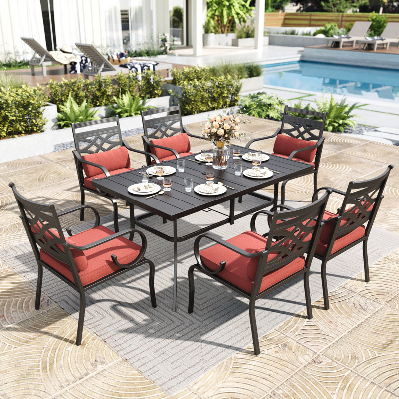 6 - Person Metal Patio Dining Set With Square Table, Cushions Included, Red
