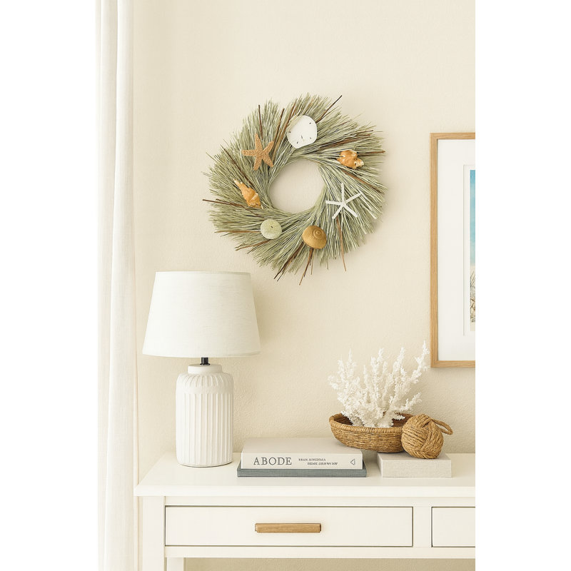 Cattail and Beargrass Seashell Beach Coastal 22" Wreath