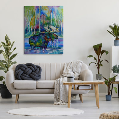 Vibrant Moose Birch Trees Natation Splashing Lake par MB Cunningham - peinture