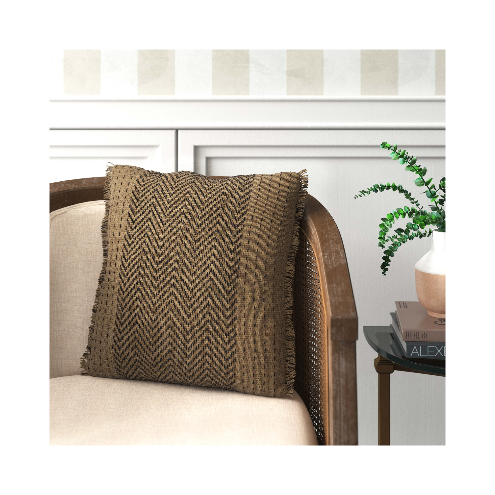 Carey Fringed Cotton Throw Pillow, Natural, Polyester/Polyfill