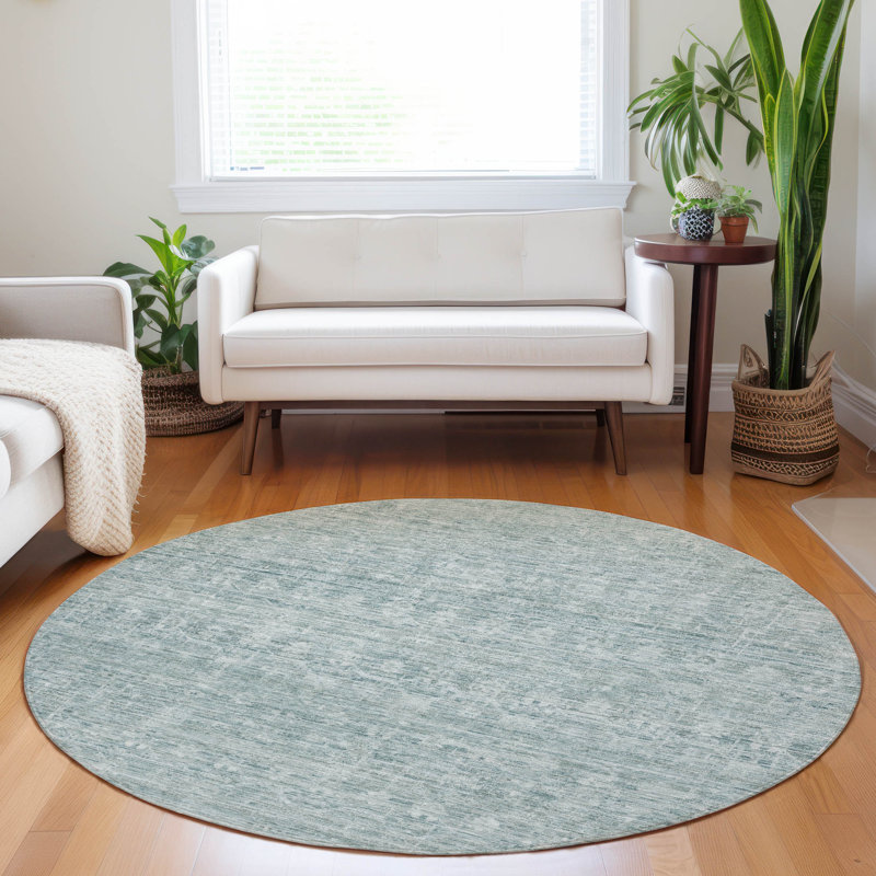 Machine Washable Indoor/Outdoor Xhevrie Turquoise Rug, Round 8'