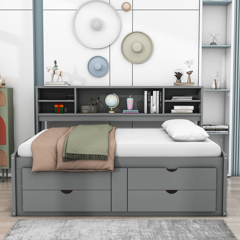 Full Wooden Daybed with 4 Drawers, Grey