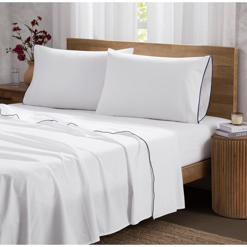 Ensemble de draps en percale 200 fils Brooklyn Loom, Ensemble de draps pour grand lit avec 2 taies d'or, Blanc / bleu marine