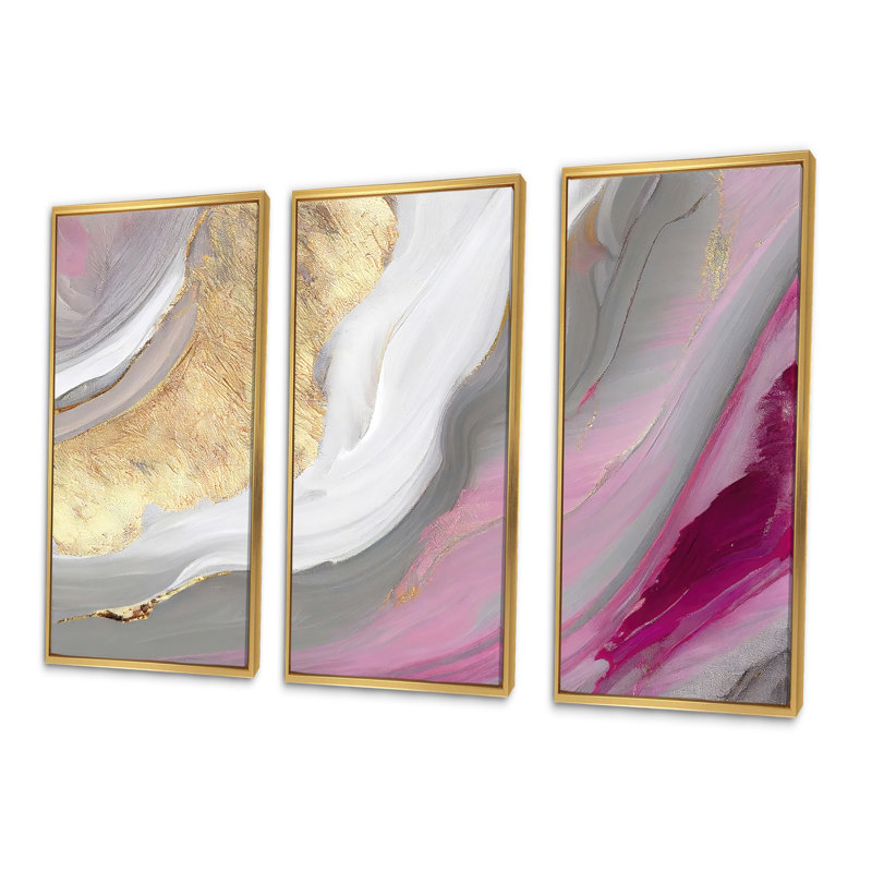 Rose et or marbré abstrait VI - ensemble d'art mural moderne sur toile, H 28 po x l 36 po x P 1 po, Encadrement doré