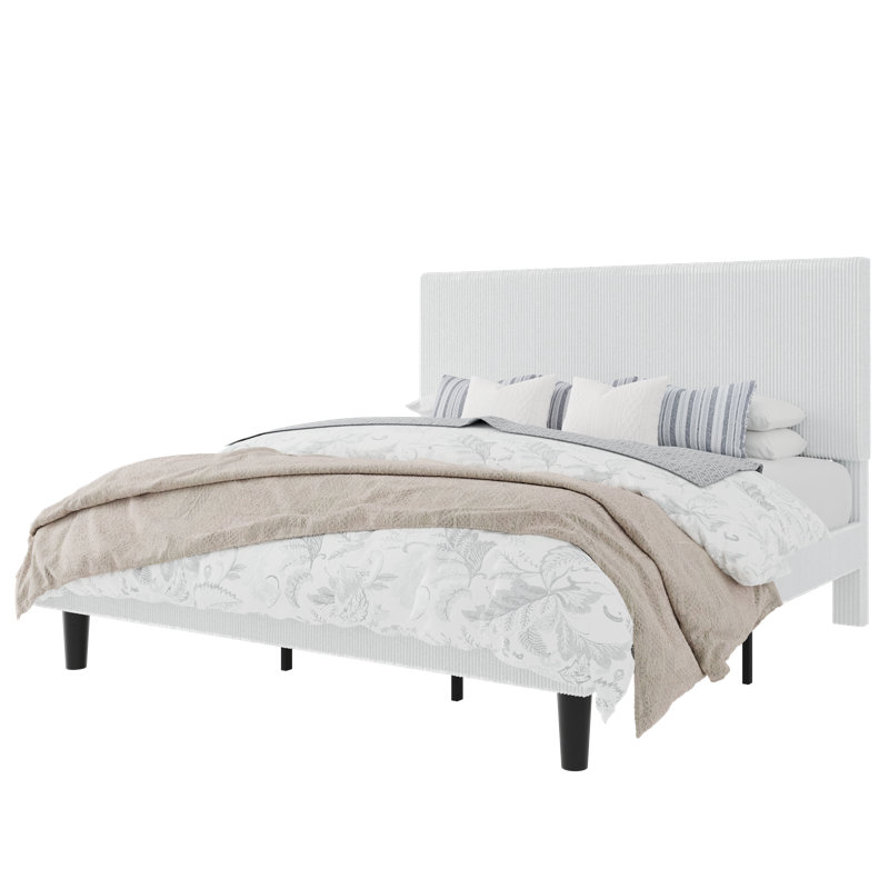 Modern Corduroy Platform Bed With Adjustable Headboard,Maximize Space With Under-Bed Storage,No Box Spring Required, White