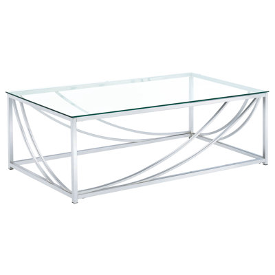Et table basse en verre avec pieds en métal pour la zone de vie principale - 17 pouces de hauteur, 48,04 de largeur, 23,5 de profondeur, conception moderne, esthétique renforcée, forme rectangulaire haute, traversée, brillance réfléchissante,