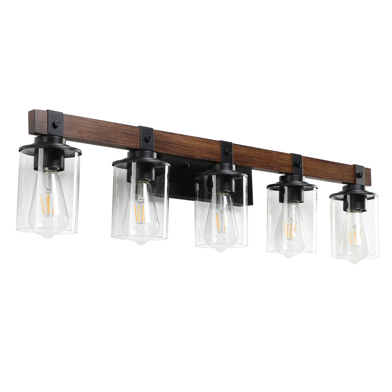 DAKAFUL 5-Light Dimmable Bathroom Vanity Light over Mirror with Wood and Glass Shade, 5