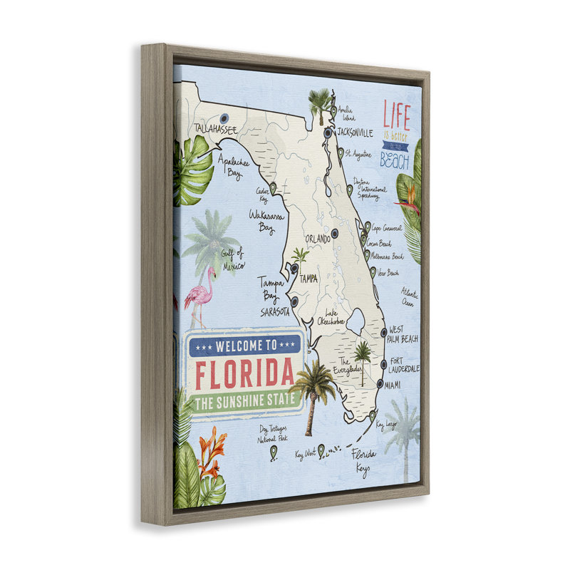 «Florida Map Beach Life Floater», art mural par Kim Allen, H 31 po x l 25 po, Cadre flottant orme Montalcino