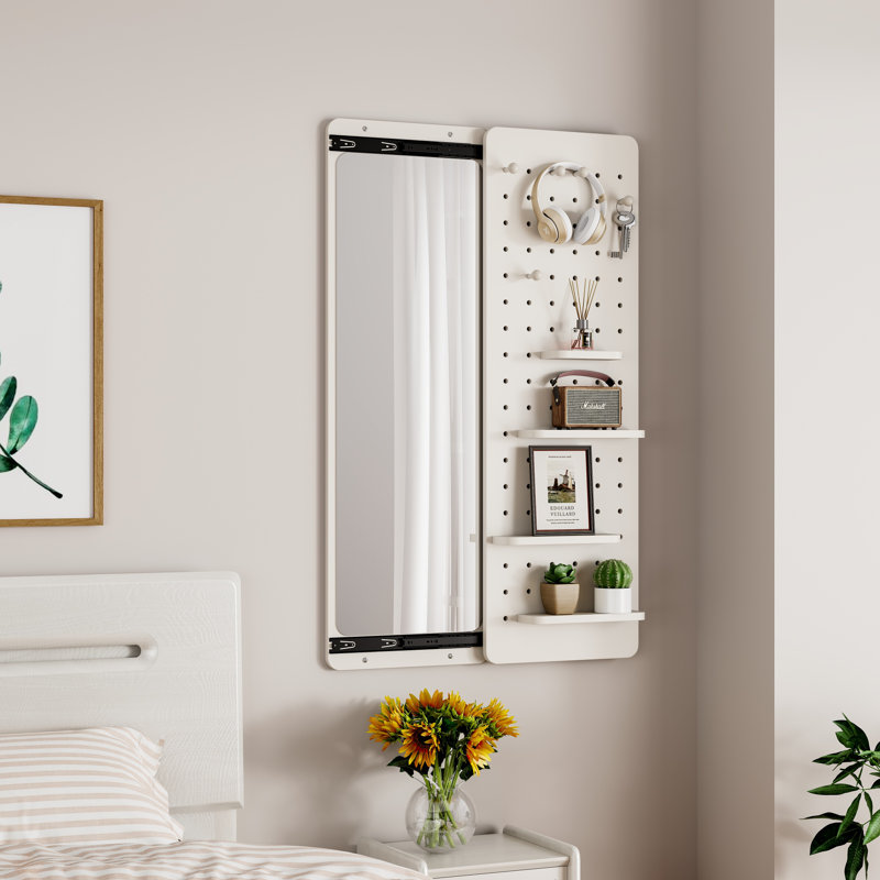 Wall Mounted Full Length Mirror, Full Body Mirror With Shelf, Full Body Mirror With Hook Wall Mounted Mirror With Multifunctional Design Panel, Bedroom/Living Room/Entrance White(47.6*15.7In)
