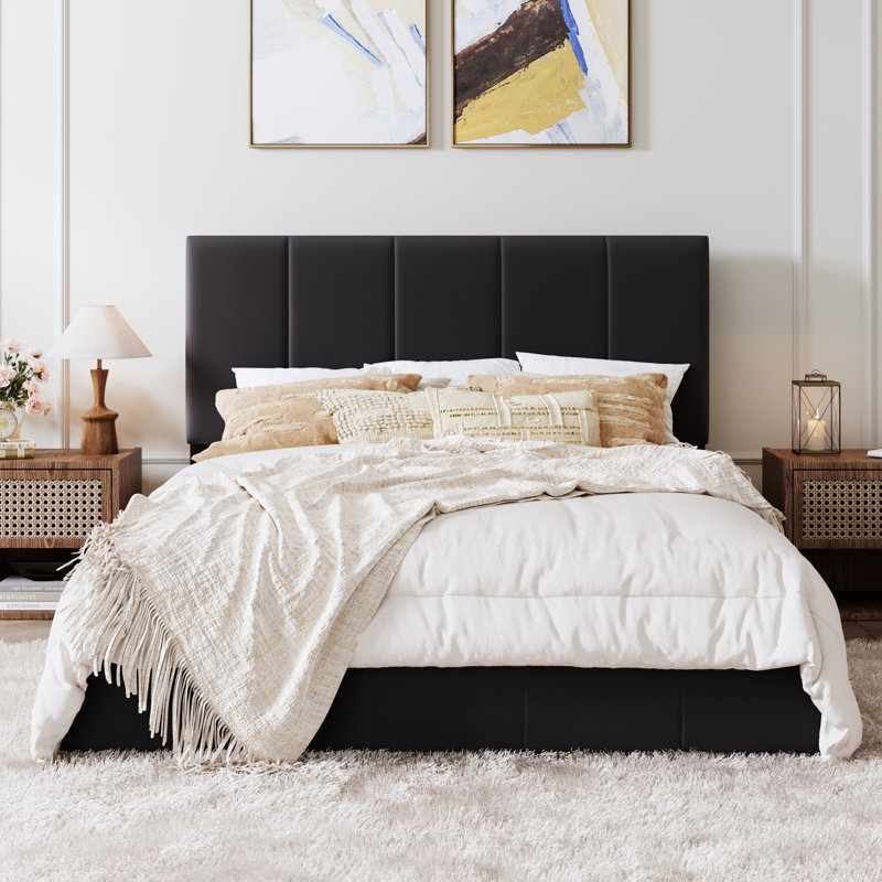 Hydraulic Lift Up Upholstered Platform Bed with Adjustable Headboard, Black, Queen