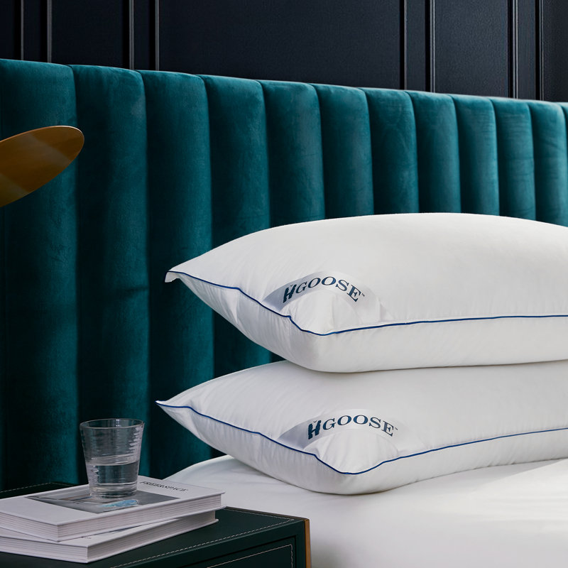 King Size White Hungarian Goose Down Pillow with Dark Blue Satin Piping