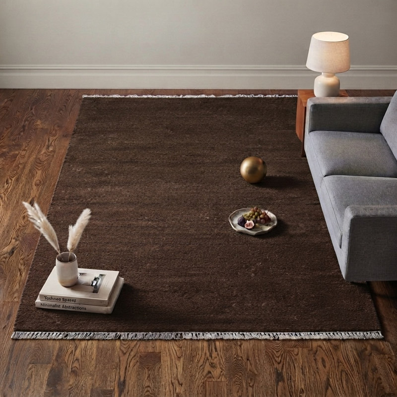 Tapis d'intérieur brun en coton et polyester tissé à la main, Rectangulaire 3 pi x 5 pi