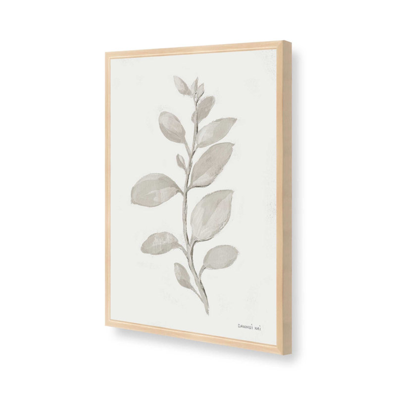 Élégant imprimé feuilles grises II, H 11 po x l 9 po, Cadre en érable brut ouvert