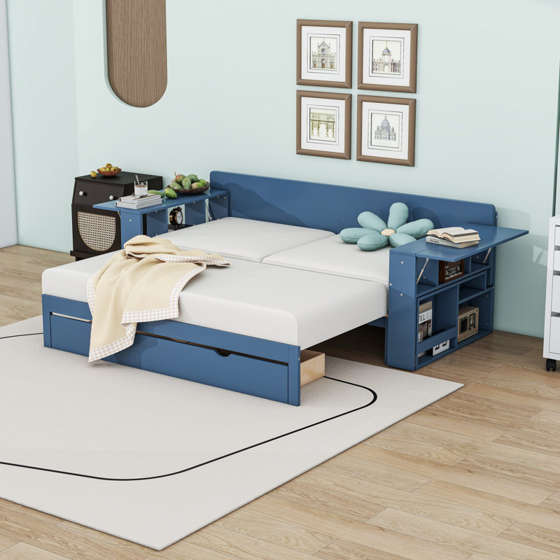 Multifunctional Daybed with Drawers and Desk,Shelves, Blue, Queen