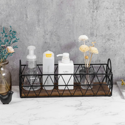 Plateau de toilette 16 pouces en métal noir de luxe avec motif en fil métallique et base en bois brûlé, plateau de rangement pour meuble-lavabo avec poignées