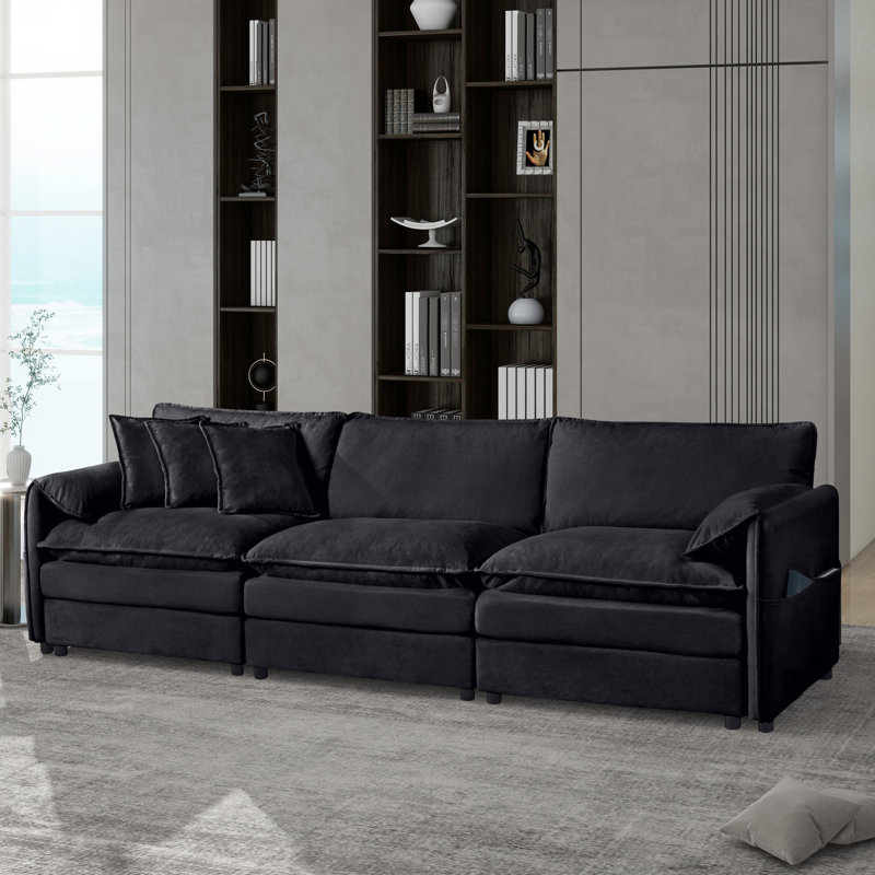 Noir modulaire, chenille. 3 places pour un appartement. Revêtement respirant. Spacieux et confortable. Sièges rembourrés à double couche. Chenille surdimensionnée facile à démonter. Couch Home. Rides - luxueux. Assemblage.