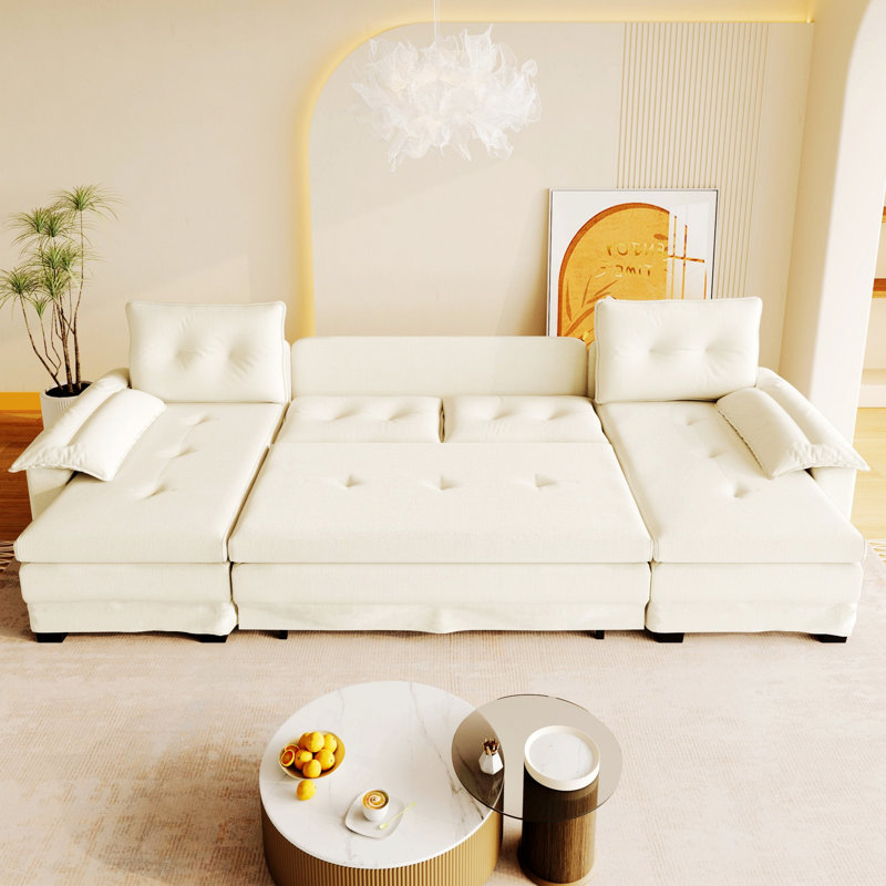 Canapé en U avec accoudoirs amovibles, ports de chargement USB pour le salon ou un appartement, Beige+White Chenille