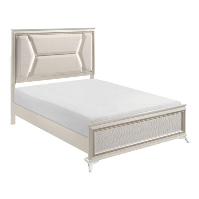 Modern Queen Bed Featuring Chenille Upholstery And Led Headboard, Antique White Gold Quality, Wood Frame With Upholstery, Wooden For Bedroom Use