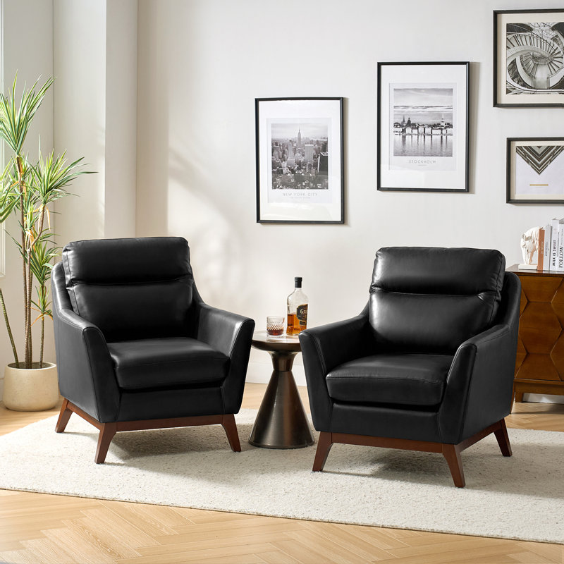 Mariessa Mid-Century Modern Genuine Leather Armchair, Black Genuine Leather