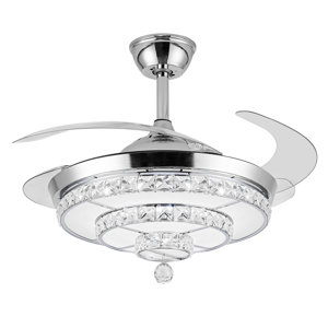 Crystal Chandelier Ceiling Fans With Light,42inch Led Stepless Dimmable Crystal Fandelier,remote Control Retractable Invisible Blades 6 Speeds Indoor Fandelier For Living Room Bedroom