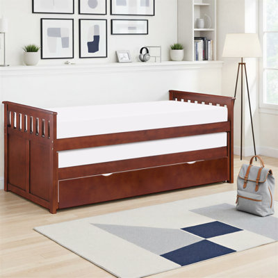 Geil Transitional Wood Twin over Twin Bed with Dual Pull-Out Trundle Beds, Integrated Supportive Slats & Foundation-Free Design