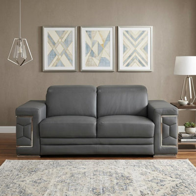 Causeuse en cuir véritable 71 po gris et argent