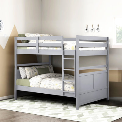 Lit superposé double en bois, couleur grise, garde-corps, idéal pour une chambre à coucher commune, lit gris à capacité de poids élevé, cadre convenable, sans sommier tapissier requis