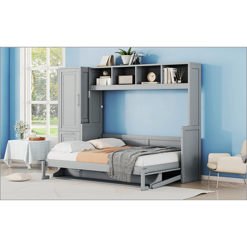 Lit escamotable double avec placard et tiroirs, Gris, Double