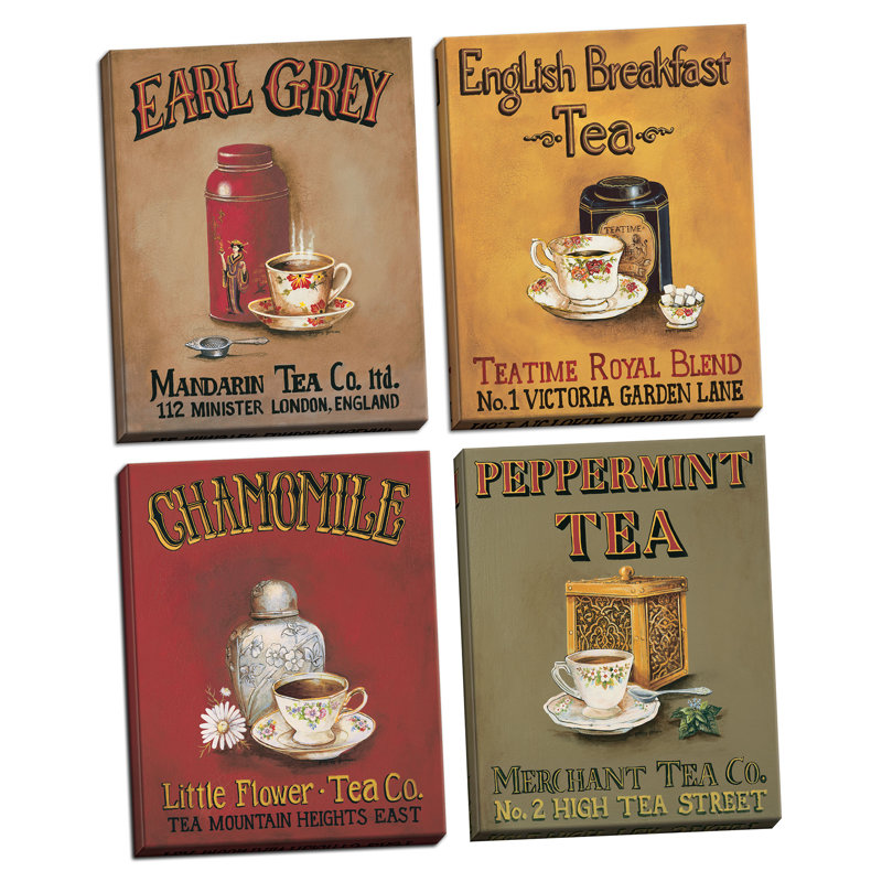 «Tea Time! Enseignes de thé rétro; «Earl Grey, English Breakfast, Camomile and Peppermint» par Gregory Gorham, ensemble de 4 publicités sur toile