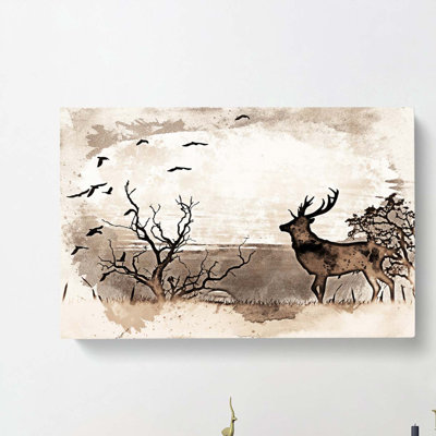 Stag Deer With Birds In Abstract - Wrapped Canvas Painting