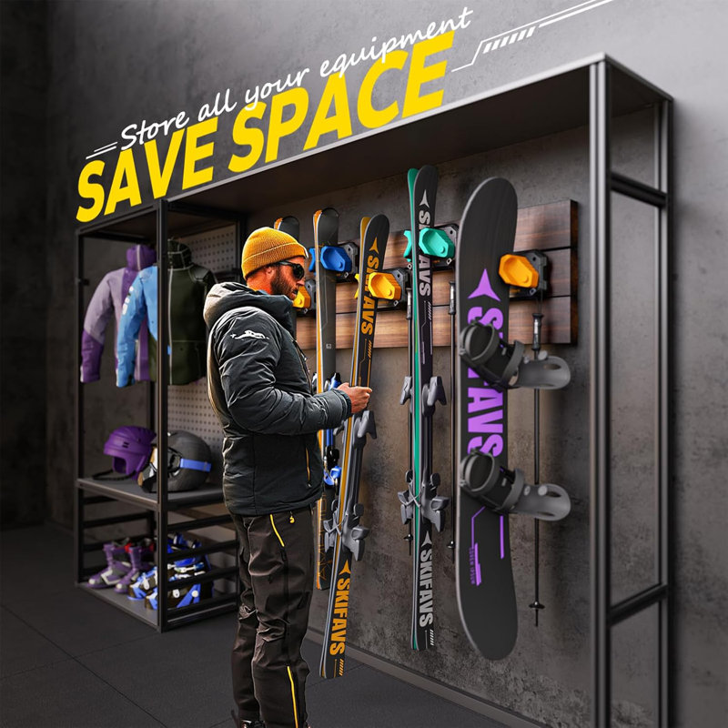 Support mural pour skis et planches à neige pour garage - s'adapte à n'importe quel ski / planche, rangement sans dommages, jaune, paquet de 6