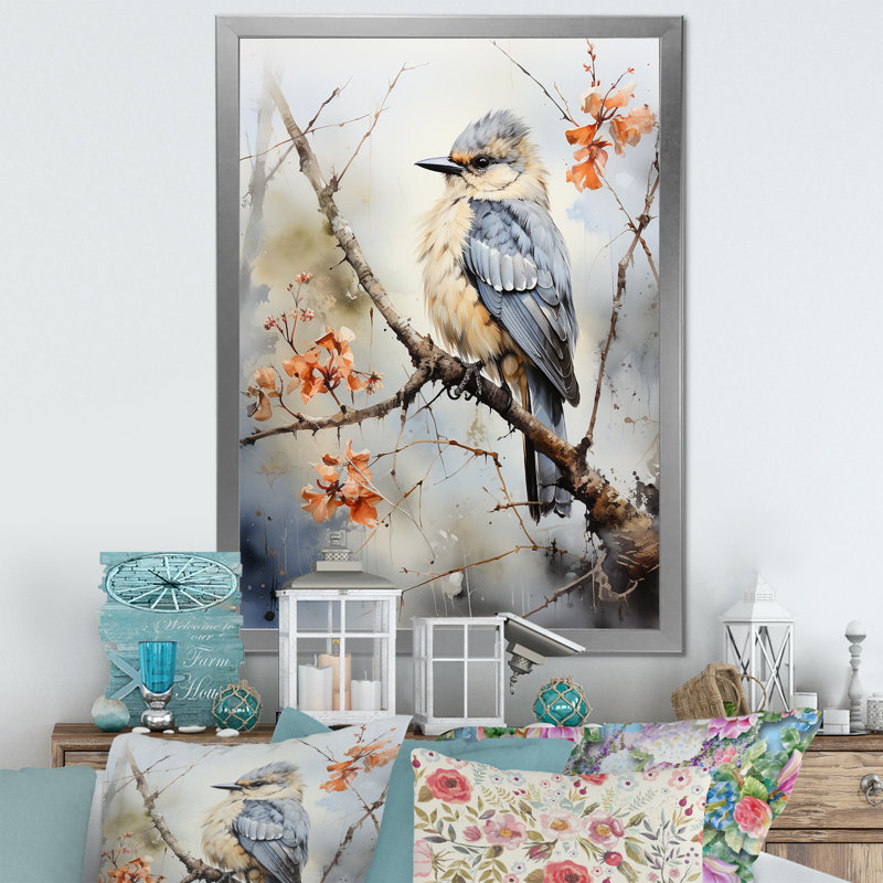 «Misty Blueray Bird On Branch I», reproduction sur toile, H 32 po x l 24 po x P 1 po, Cadre photo argenté