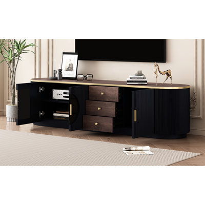 80-Inch Tv Stand, 3 Drawers & 2 Cabinets, Minimalist Style With Wood Grain, Metal Handles, Black Finish Stand For Tvs, Contemporary