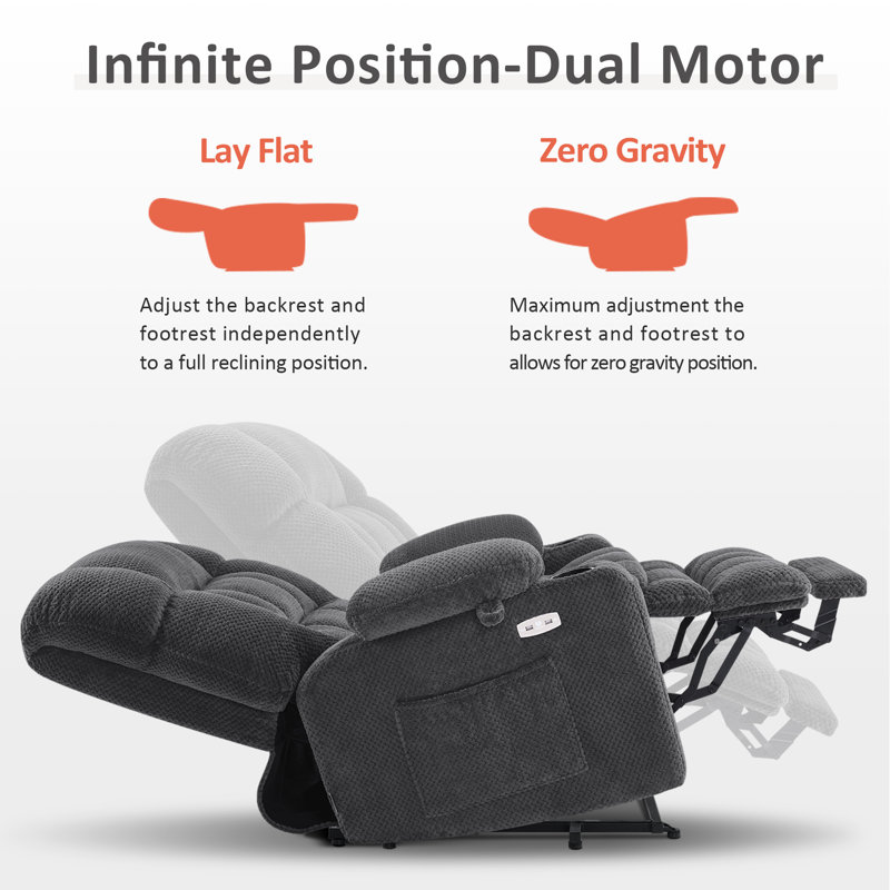 Small Dual Motor Power Recliner Lift Chair Infinite Position, Heat and Vibration Massage, Fabric, Dark Gray