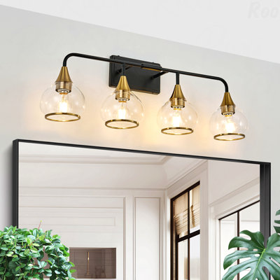 Luminaire de meuble-lavabo 40 po - 5 lumières noir + métal doré, abat-jour en verre transparent, applique murale industrielle