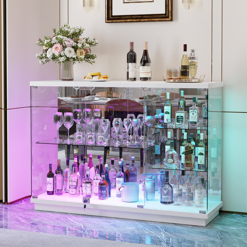 Display Sideboard with RGB Lights, Removable Glass Shelves and Lock, White