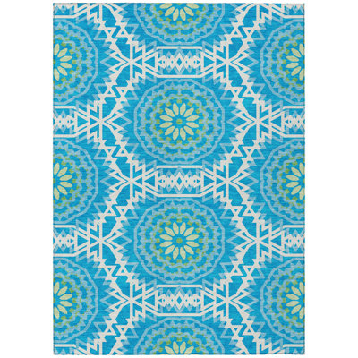 5' X 8' Ivory And Sky Blue Floral Medallion Washable Indoor Outdoor Area Rug