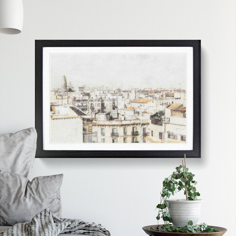 Rooftops in Barcelona Spain - Picture Frame Painting Print, 24cm H x 33cm W x 2cm D, Black Framed
