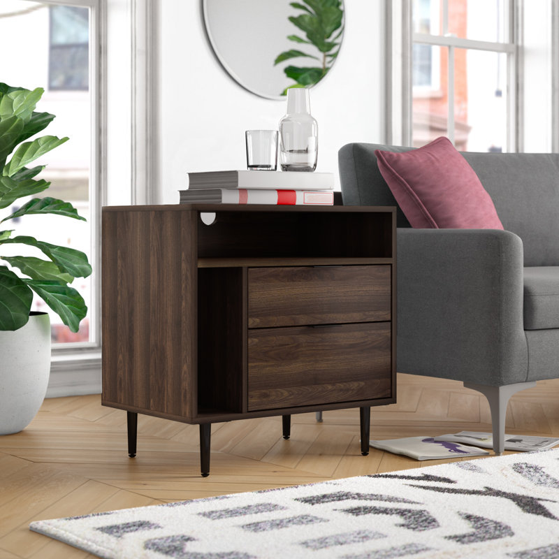 Aderita 2-Drawer Nightstand with Magazine Storage, Dark Walnut