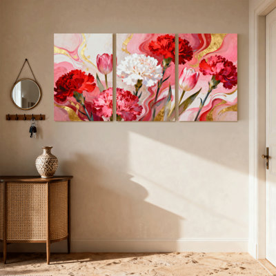 Plantes et fleurs, art floral avec œillets rouges et roses, ensemble de 3 impressions sur toile