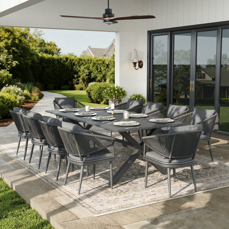 Rectangular Outdoor Dining Set With Cushions, Dark Grey/Grey, 10