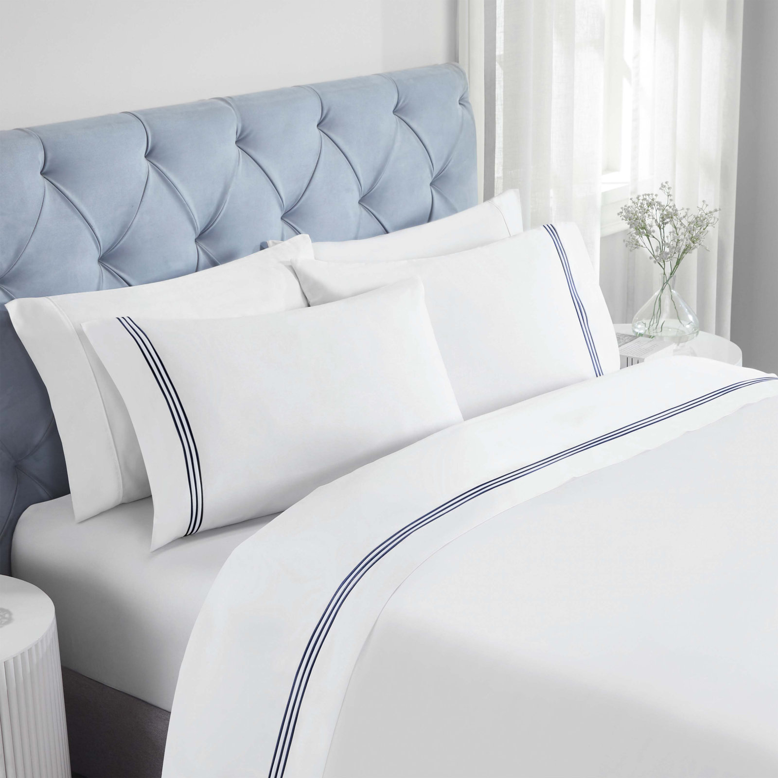 Embroidered Cotton Sheet Set, Full Sheet Set with 2 Pillowcases, White/Navy Blue