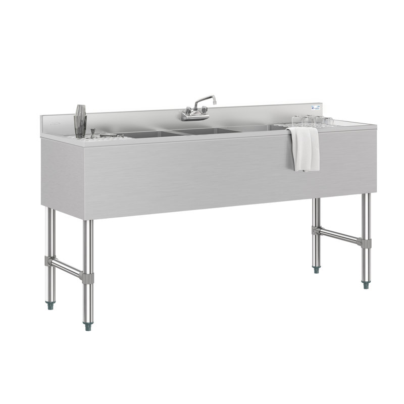 Évier de bar commercial à trois compartiments de 60 po avec dosseret de 3 po, deux panneaux de drainage avec robinet, certifié NSF en acier inoxydable (SBR3B60-LR-320)