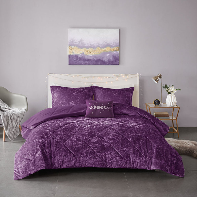 King/Cal King Velvet Comforter Set With Throw Pillow, King Comforter  + 2 King Shams, Purple