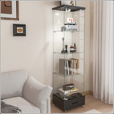 Vitrine à 4 tablettes en verre avec tiroir verrouillable et éclairage DEL 13 couleurs - noir