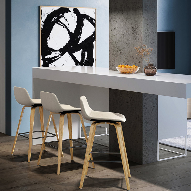 2 tabourets rembourrés de mousse avec placage en bois naturel et cadre moderne de style Mid-Century